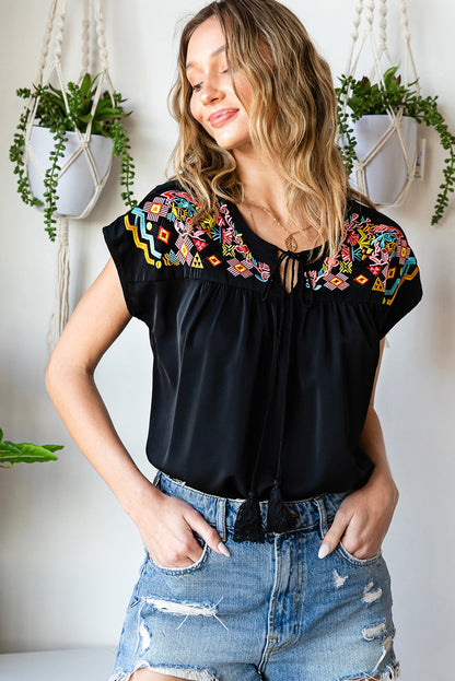 Midnight Oasis Geometric Embroidered Blouse