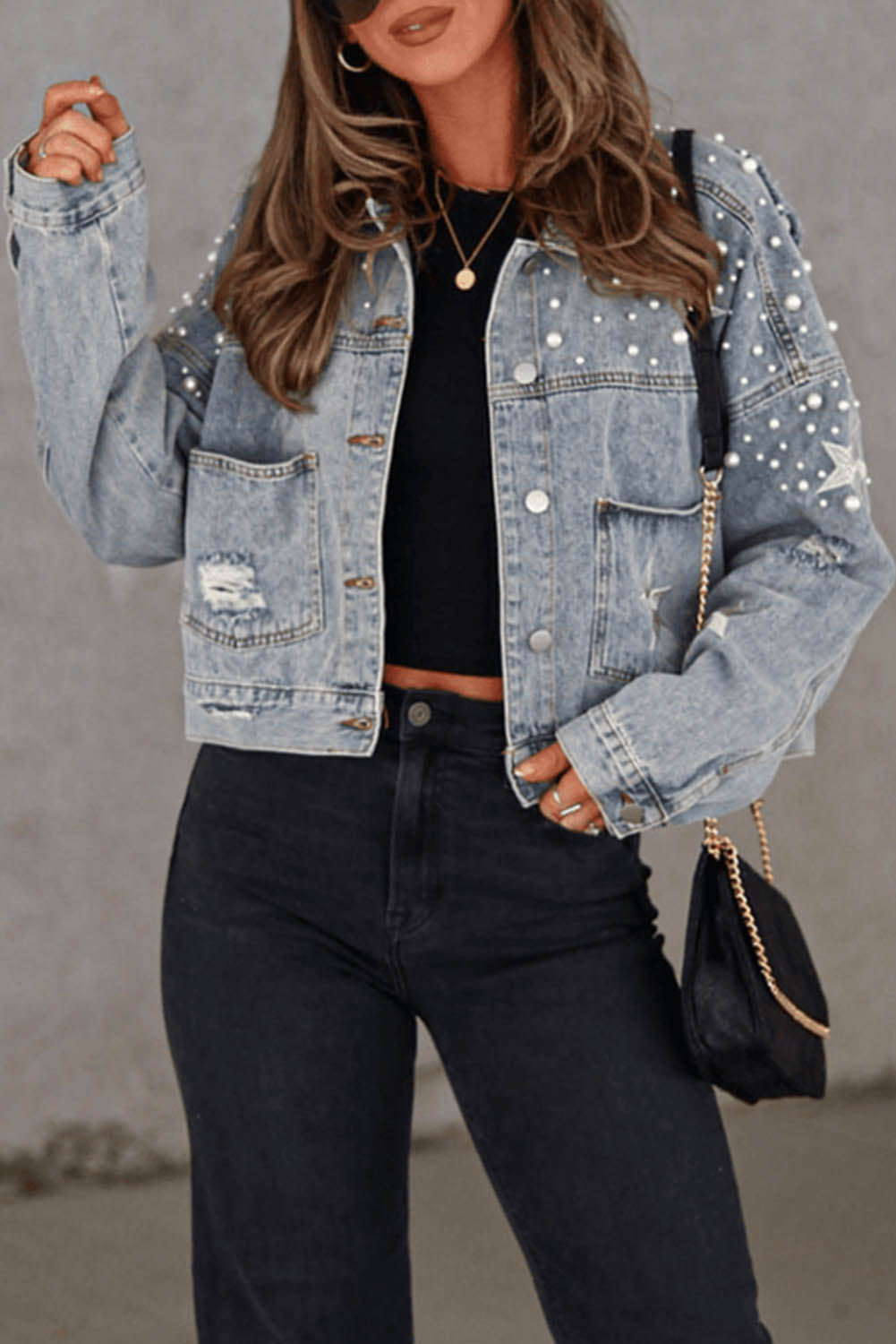 Damascus Sky Distressed Pearls Star Cropped Denim Jacket