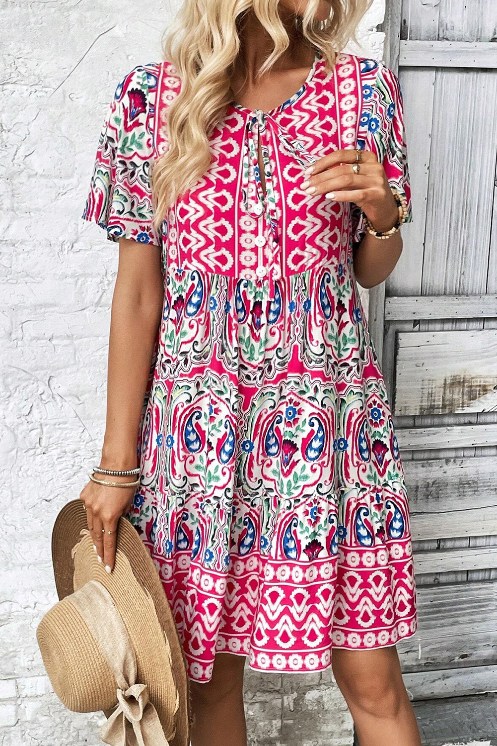 Saffron Breeze: Paisley Accent Tie Neck Ruffle Hem Short Dress