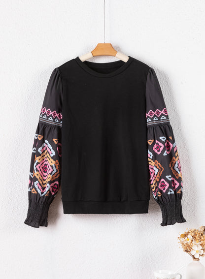 Midnight Oasis Balloon Sleeve Crew Neck Blouse