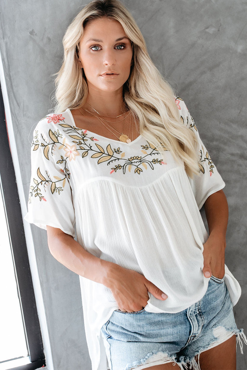 Ivory Medina Embroidered V Neck Babydoll Blouse