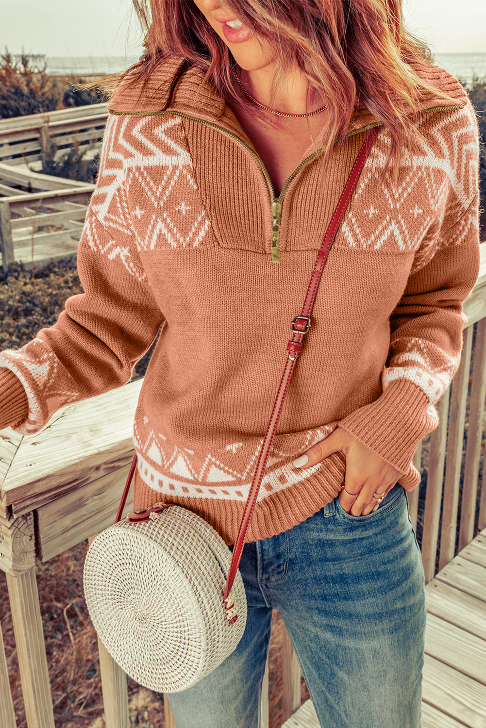 Desert Rose Geometry Quarter Zip Sweater