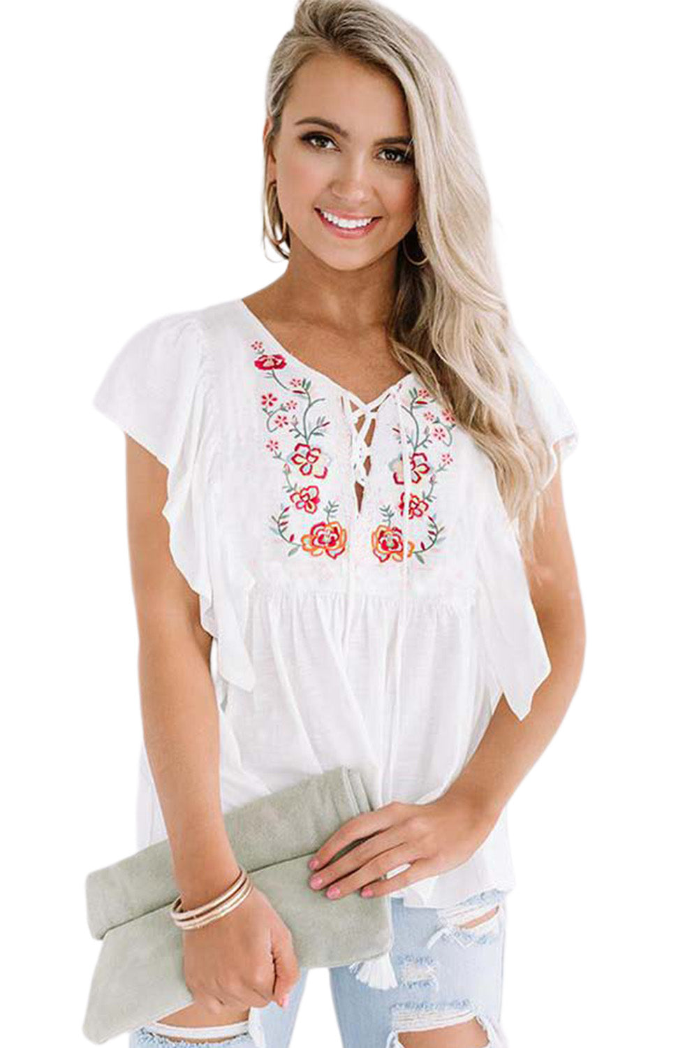 Tunisian Jasmine Embroidered Lace-up V Neck Top