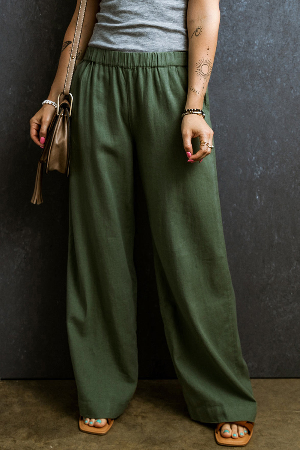 Abdali Walk | Fern Green Wide Leg Elastic Waist Pants - Urban Comfort Inspired