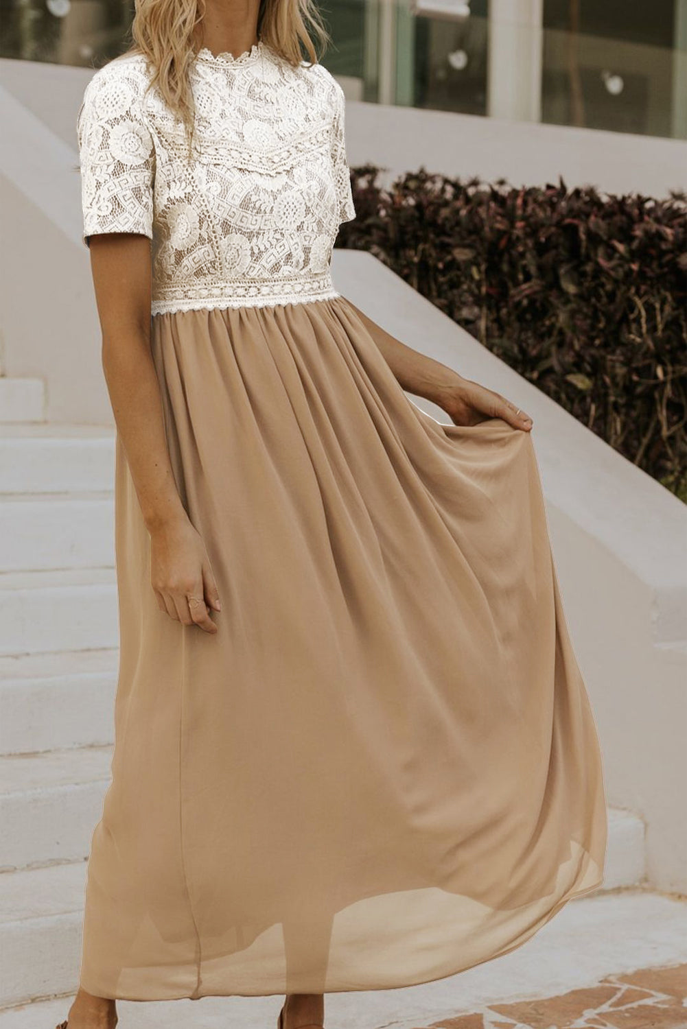 Clay Lace Short Sleeve Bodice Flowy Chiffon Long Dress