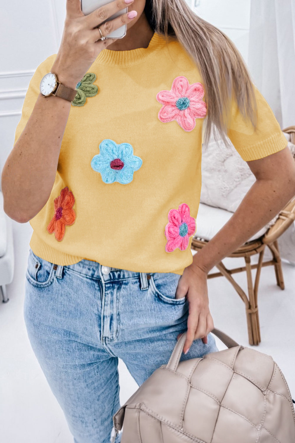 Ajloun Petal - Floral Applique Short Sleeve blouse