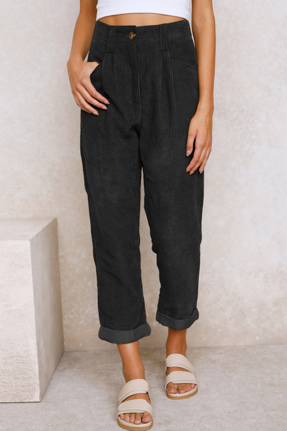 Abdali Aura - Gray Corduroy High Waist Straight Leg Pants