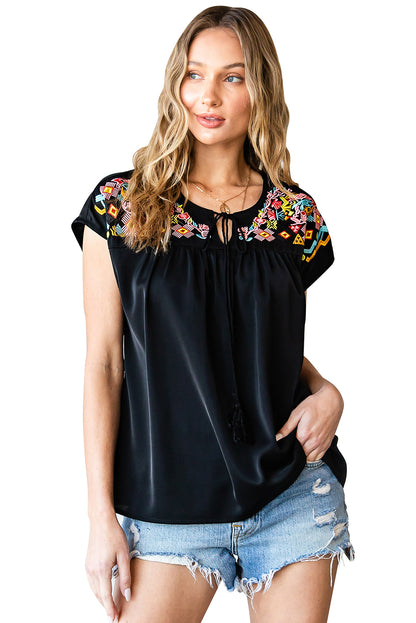 Midnight Oasis Geometric Embroidered Blouse