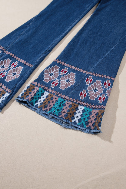 Horan Hues - Blue Geometric Embroidered Raw Hem Flared Jeans