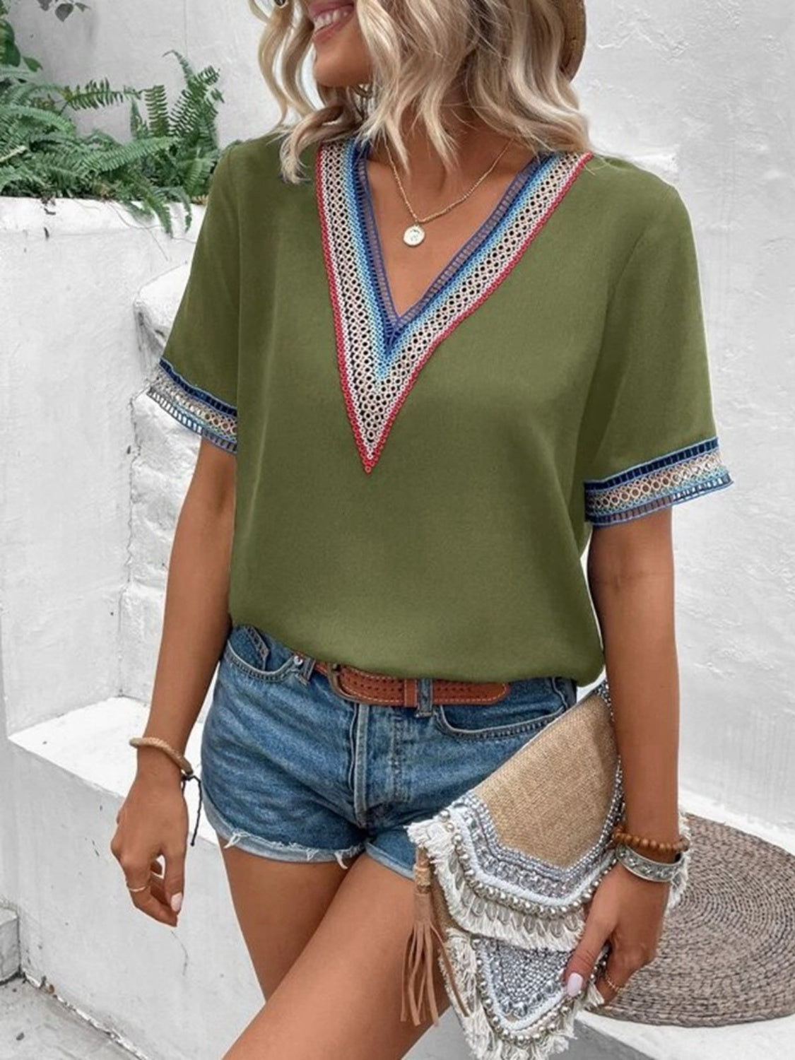 Casablanca Oasis V-Neck Short Sleeve Blouse