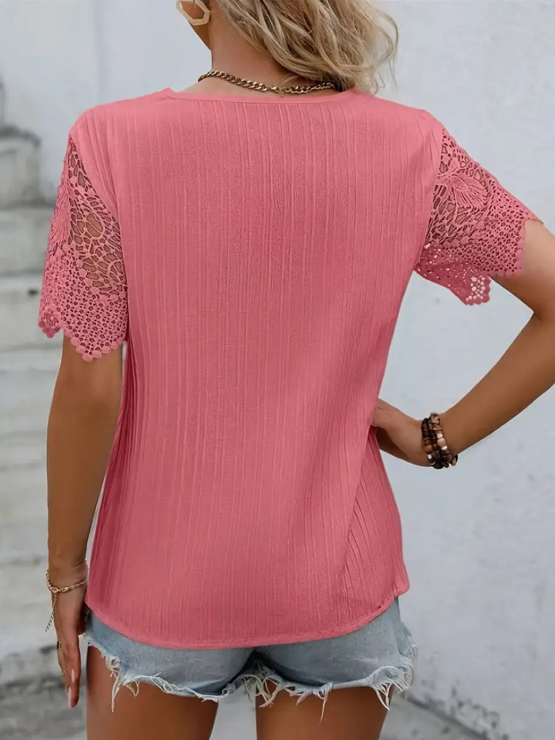 Amman Aura | Lace Detail V-Neck Short Sleeve Blouse