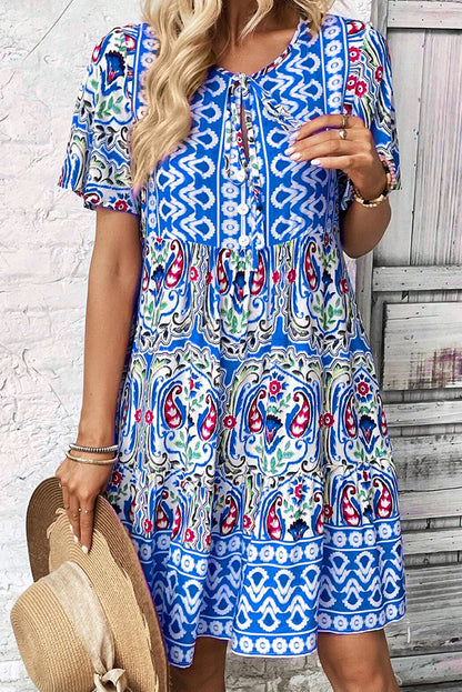 Mosul Mosaic: Sky Blue Bohemian Print Tie Neck Ruffle Hem Dress