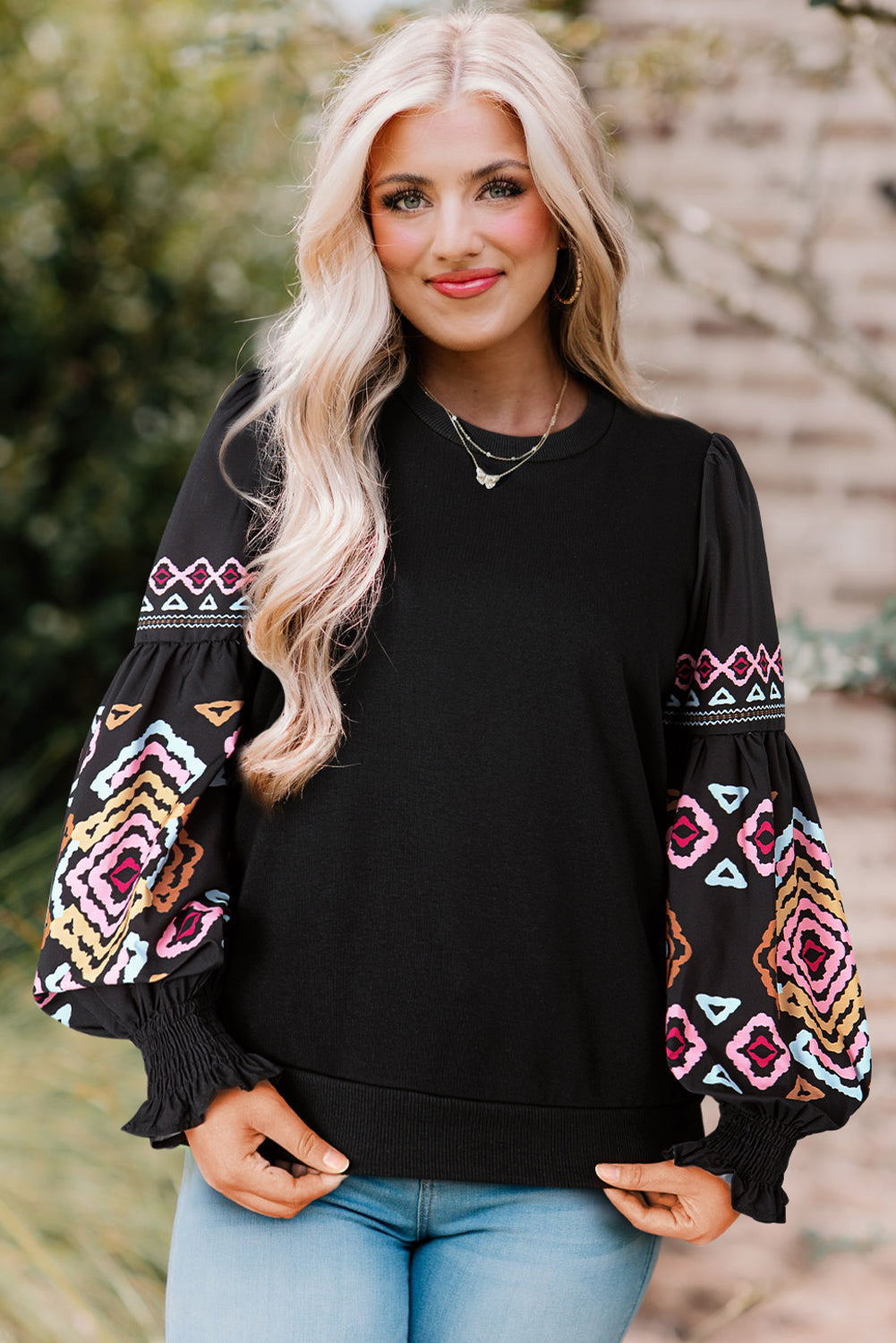 Midnight Oasis Balloon Sleeve Crew Neck Blouse