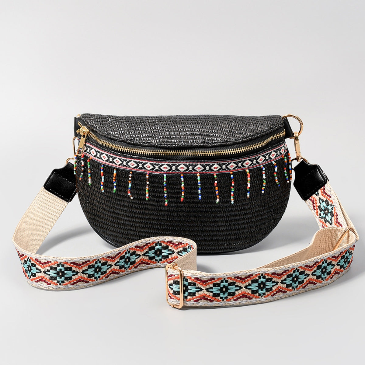 Aqaba Adorn - Bead Trim Straw Weave Crossbody Bag