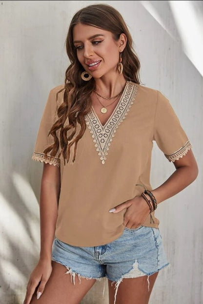 Casablanca Lace Elegance: V-Neck Short Sleeve Blouse