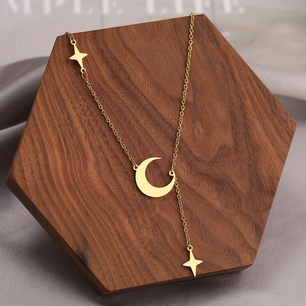 Lunar Luminary: Stainless Steel Moon & North Star Pendant Necklace