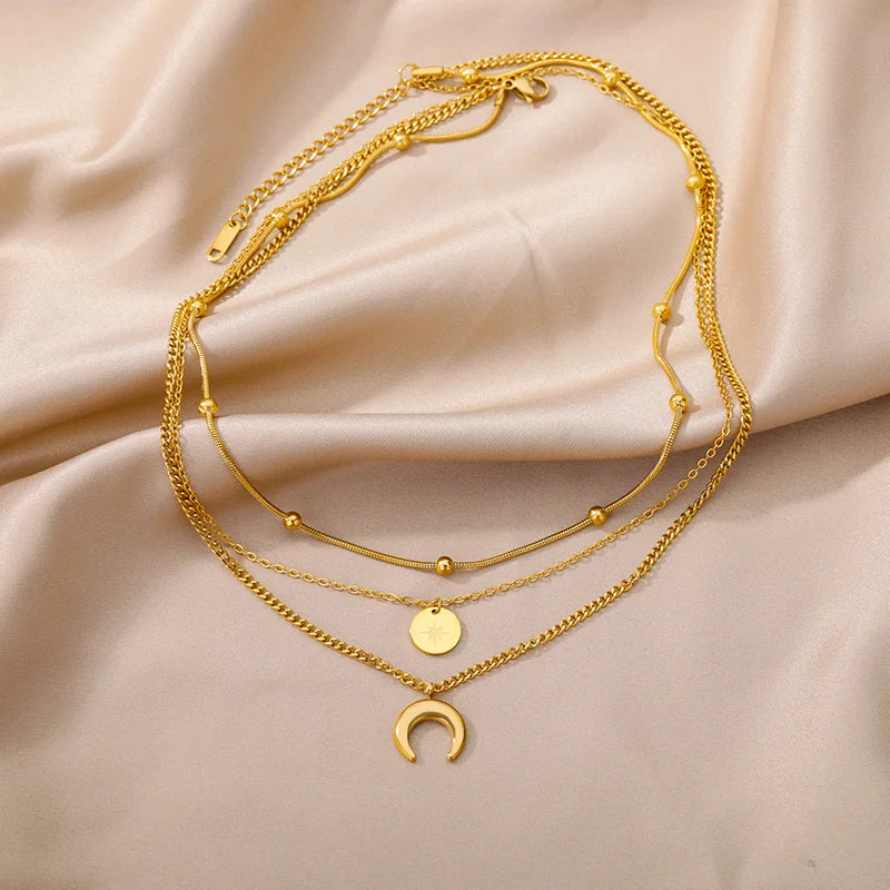 Lunar Elegance: Moon Pendant Necklace - Gold Plated Multilayer Chain