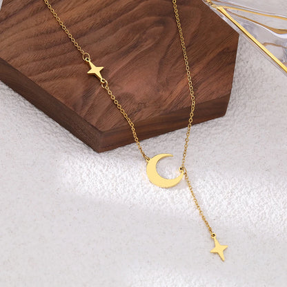 Lunar Luminary: Stainless Steel Moon & North Star Pendant Necklace