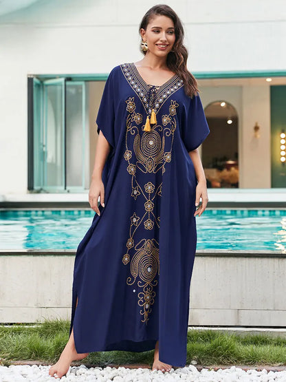 Marrakech Muse - Embroidered Lace-up Kaftan Dress