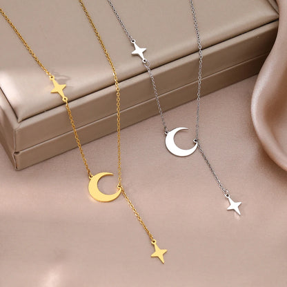 Lunar Luminary: Stainless Steel Moon & North Star Pendant Necklace