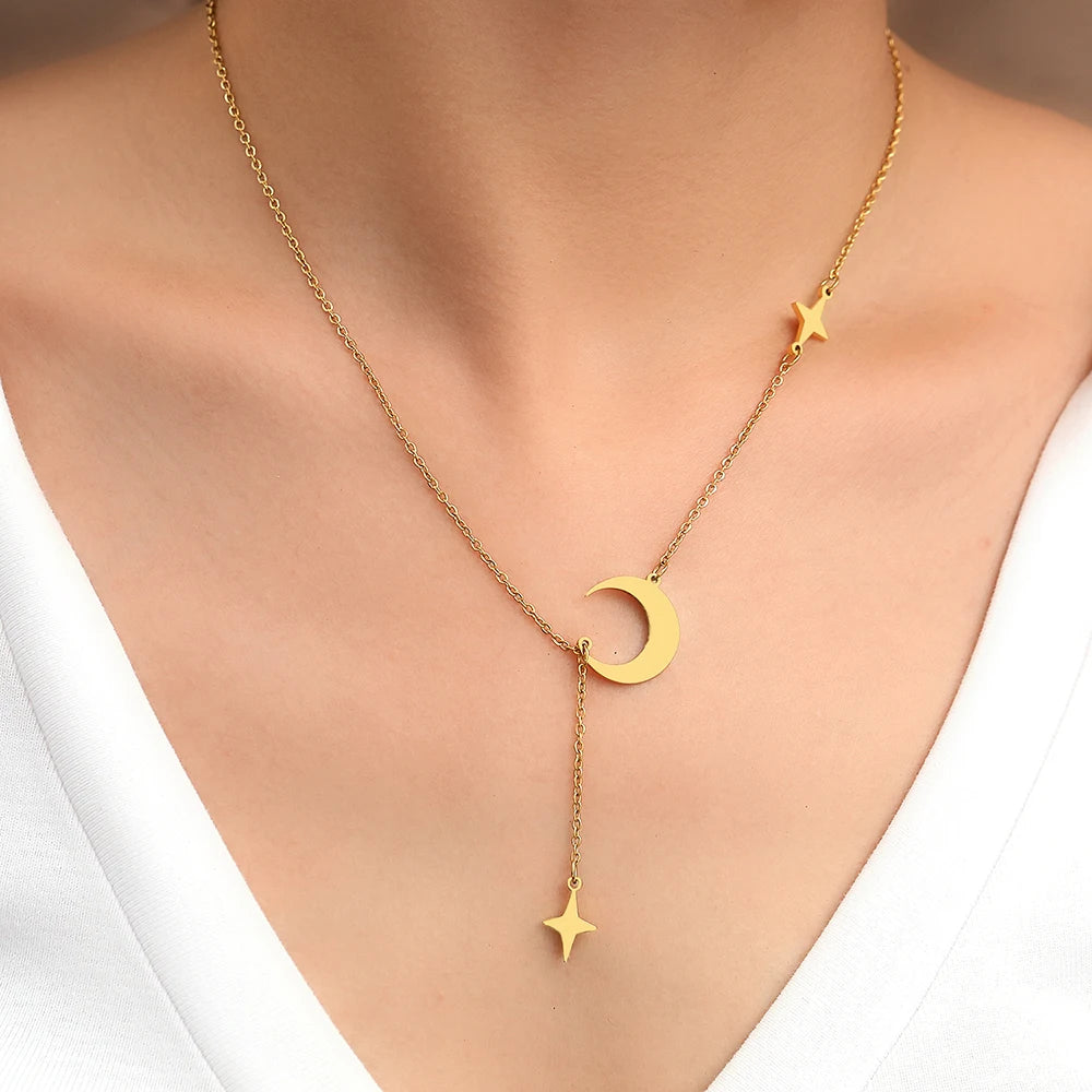 Lunar Luminary: Stainless Steel Moon & North Star Pendant Necklace