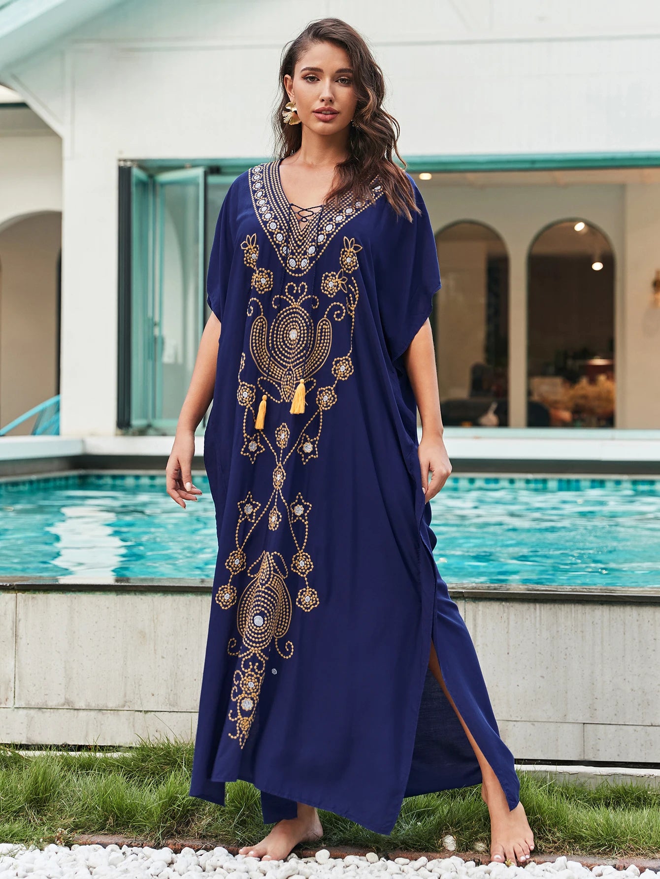 Marrakech Muse - Embroidered Lace-up Kaftan Dress