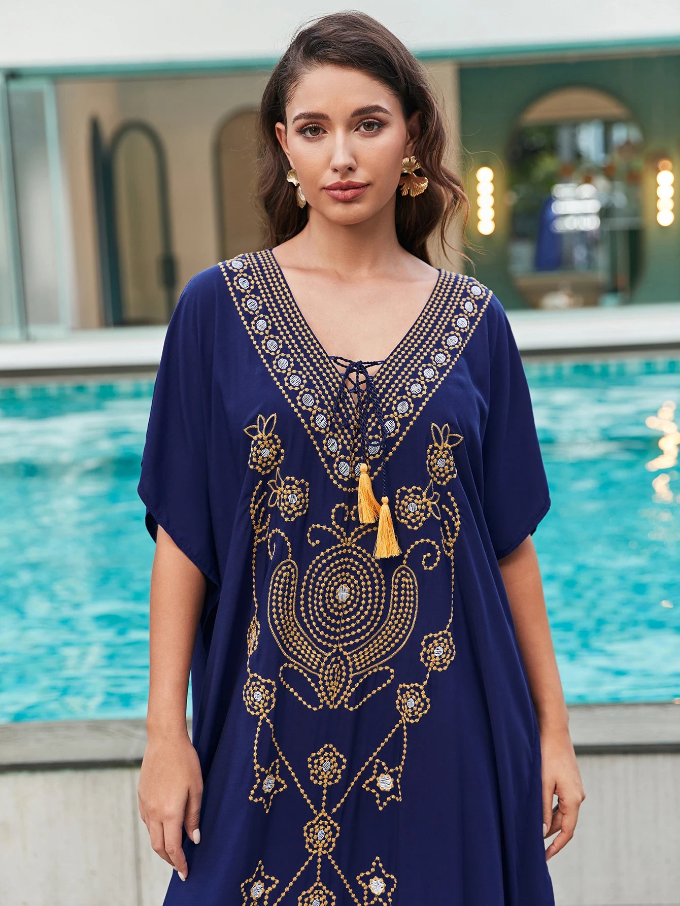 Marrakech Muse - Embroidered Lace-up Kaftan Dress