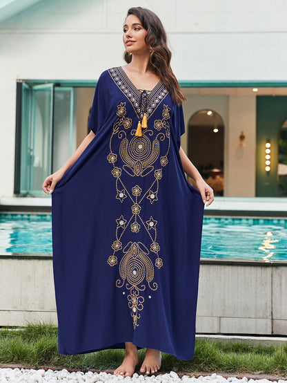 Marrakech Muse - Embroidered Lace-up Kaftan Dress