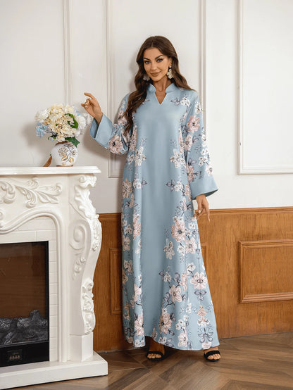 Floral Beaded Chiffon Abaya – Saudi-Inspired Long Robe Dress