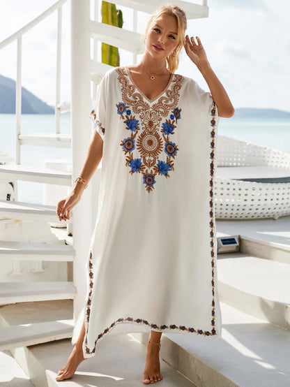 Casablanca Summer - Embroidered Maxi Kaftan: Moroccan Elegance