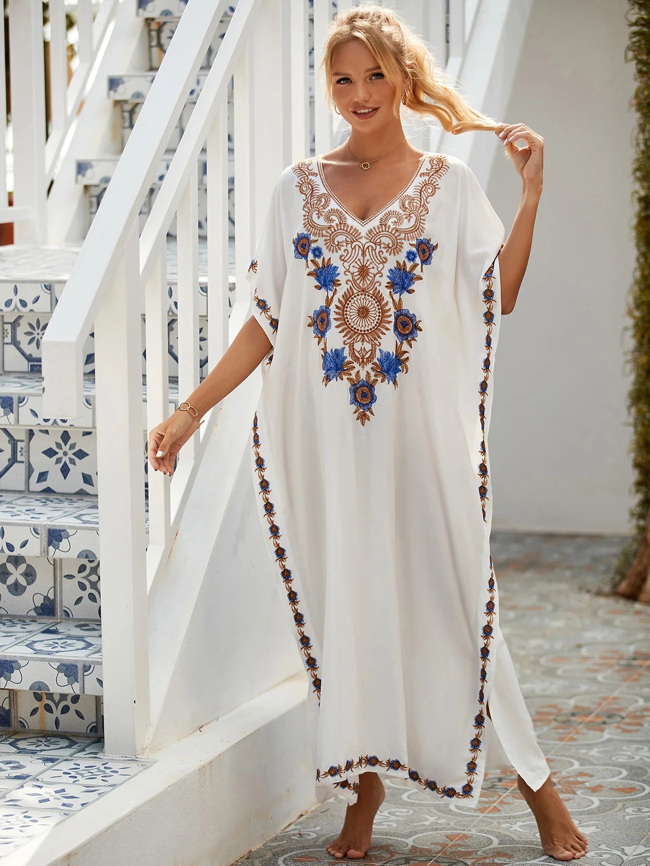 Casablanca Summer - Embroidered Maxi Kaftan: Moroccan Elegance