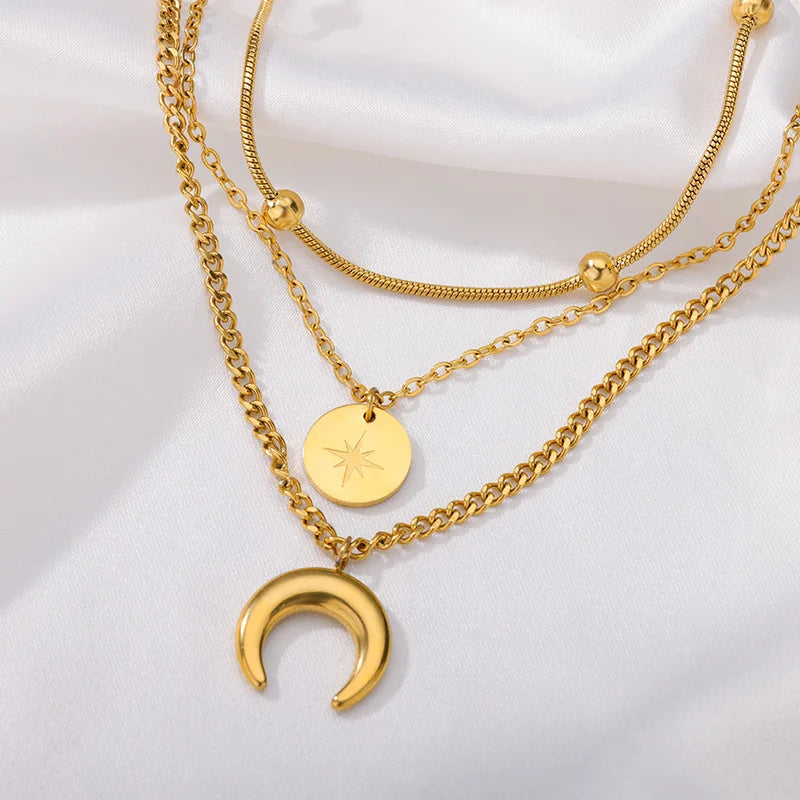 Lunar Elegance: Moon Pendant Necklace - Gold Plated Multilayer Chain