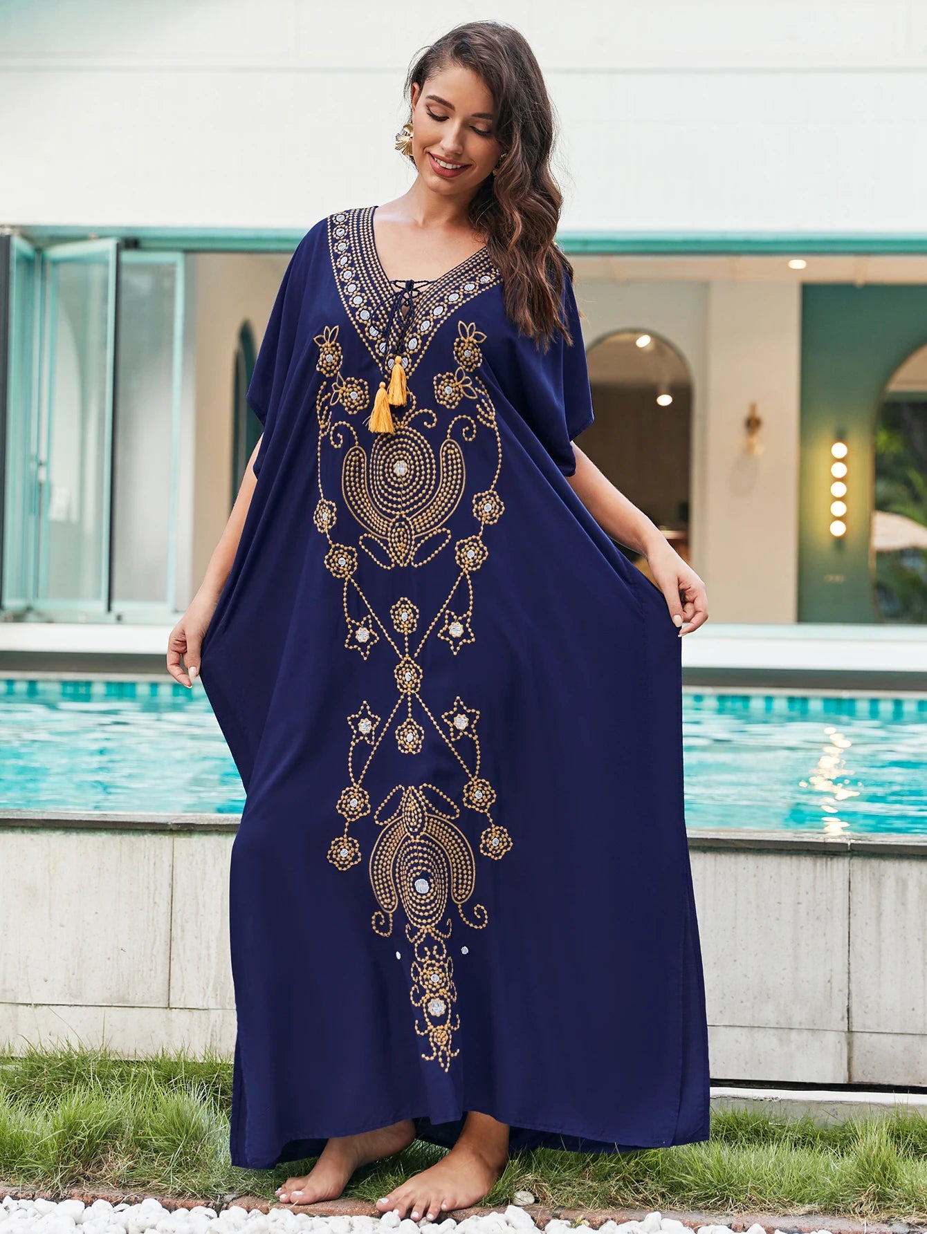 Marrakech Muse - Embroidered Lace-up Kaftan Dress