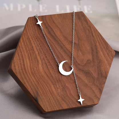 Lunar Luminary: Stainless Steel Moon & North Star Pendant Necklace