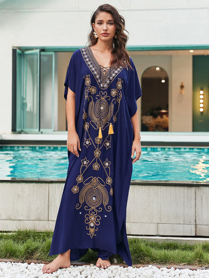 Marrakech Muse - Embroidered Lace-up Kaftan Dress