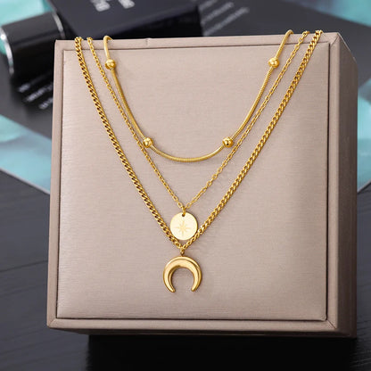 Lunar Elegance: Moon Pendant Necklace - Gold Plated Multilayer Chain