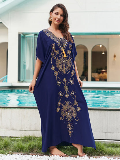 Marrakech Muse - Embroidered Lace-up Kaftan Dress