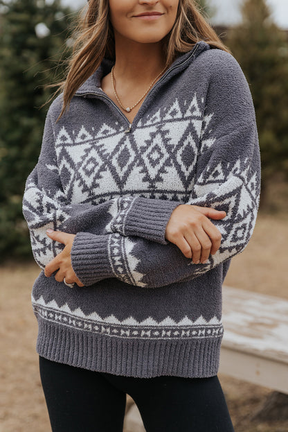 Slate Mirage Geometric Quarter Zip Pullover Sweater