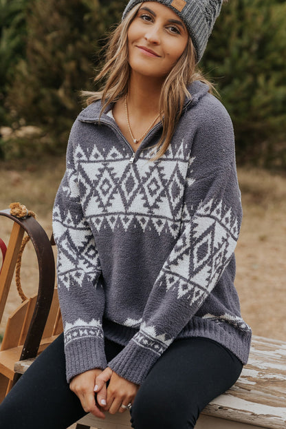 Slate Mirage Geometric Quarter Zip Pullover Sweater