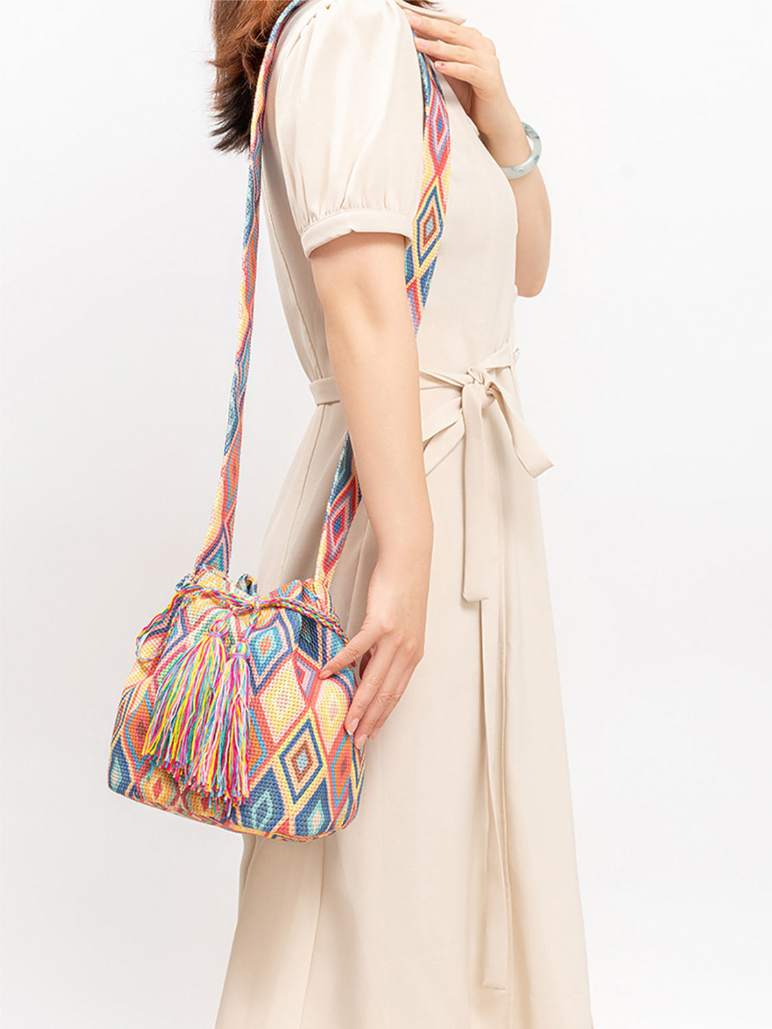 Tal Husban Blooms | Drawstring Tassel Geometric Shoulder Bag