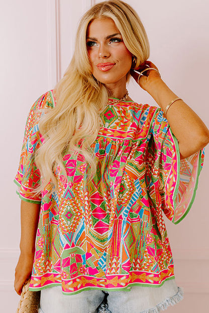 Wide Sleeve Plus Size Blouse | Geometrical - Latakia shores