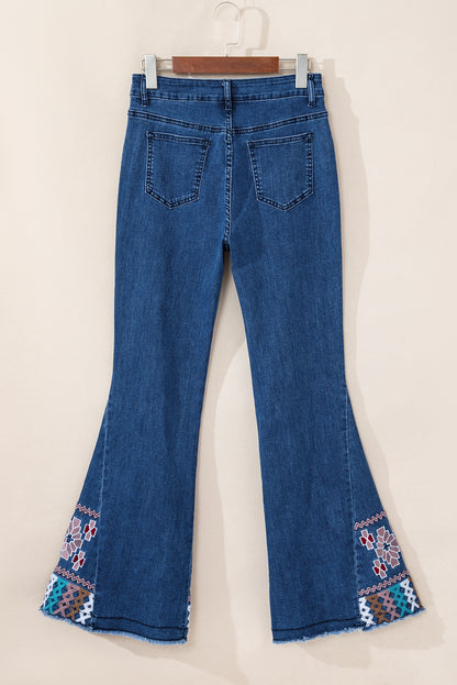 Horan Hues - Blue Geometric Embroidered Raw Hem Flared Jeans