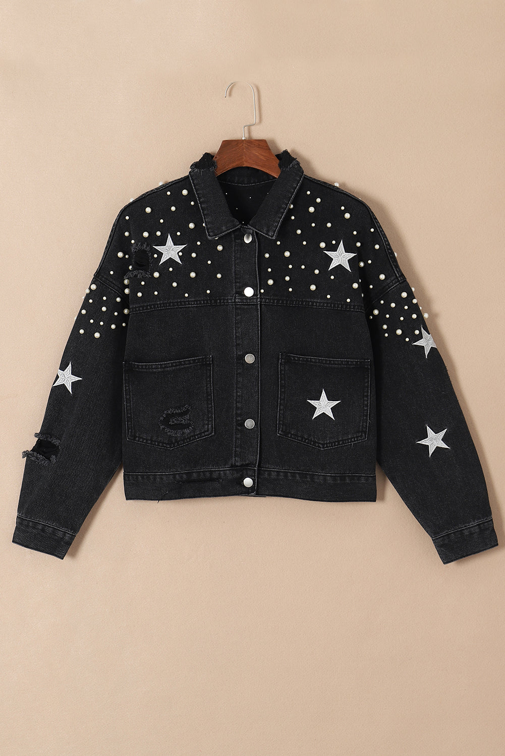 Damascus Sky Distressed Pearls Star Cropped Denim Jacket