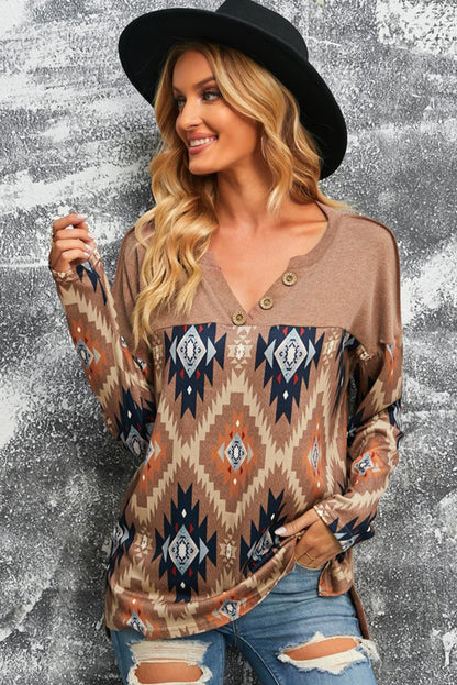 Cinnamon Medina Print Buttoned V Neck Top