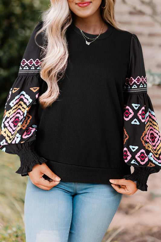 Midnight Oasis Balloon Sleeve Crew Neck Blouse