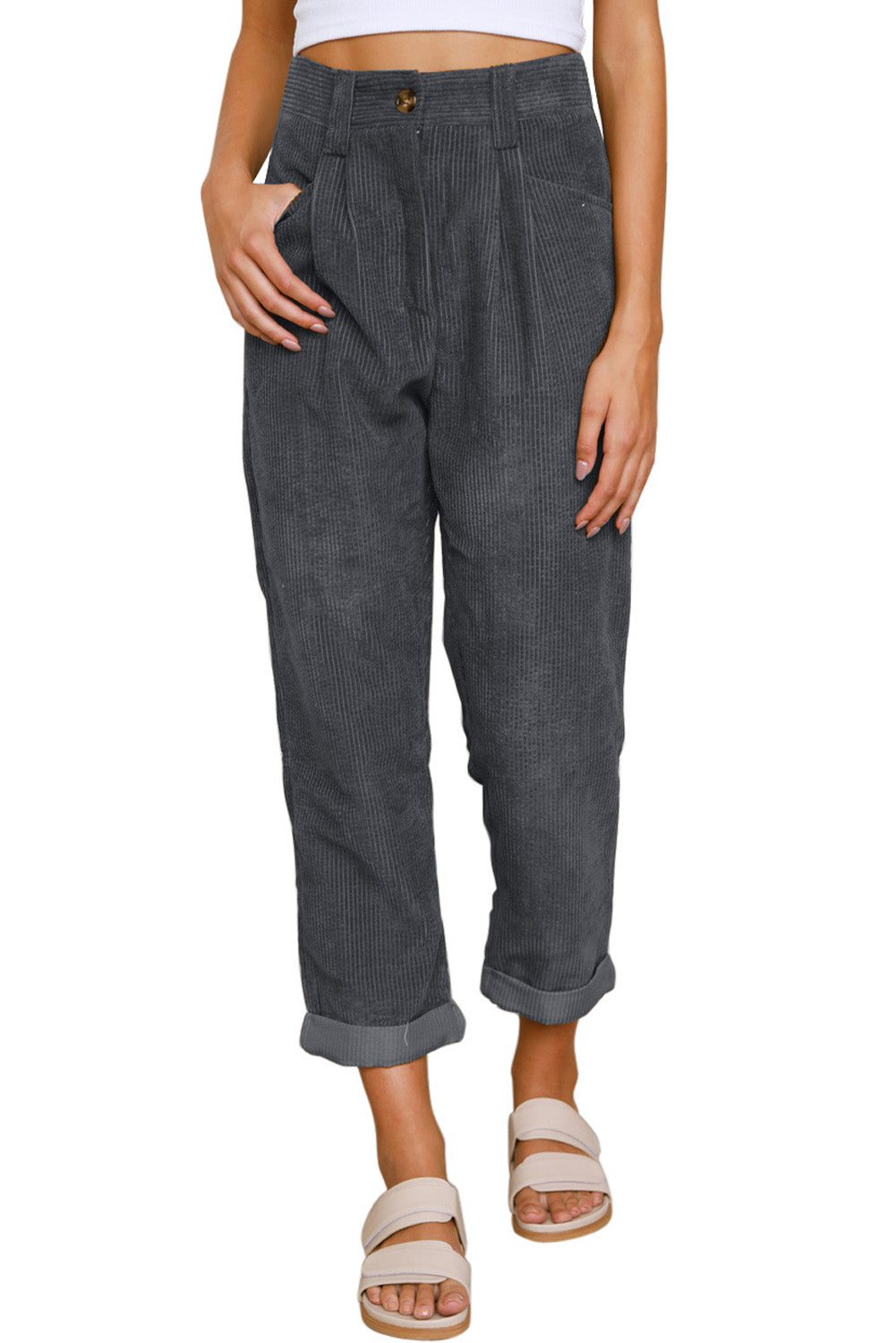 Abdali Aura - Gray Corduroy High Waist Straight Leg Pants