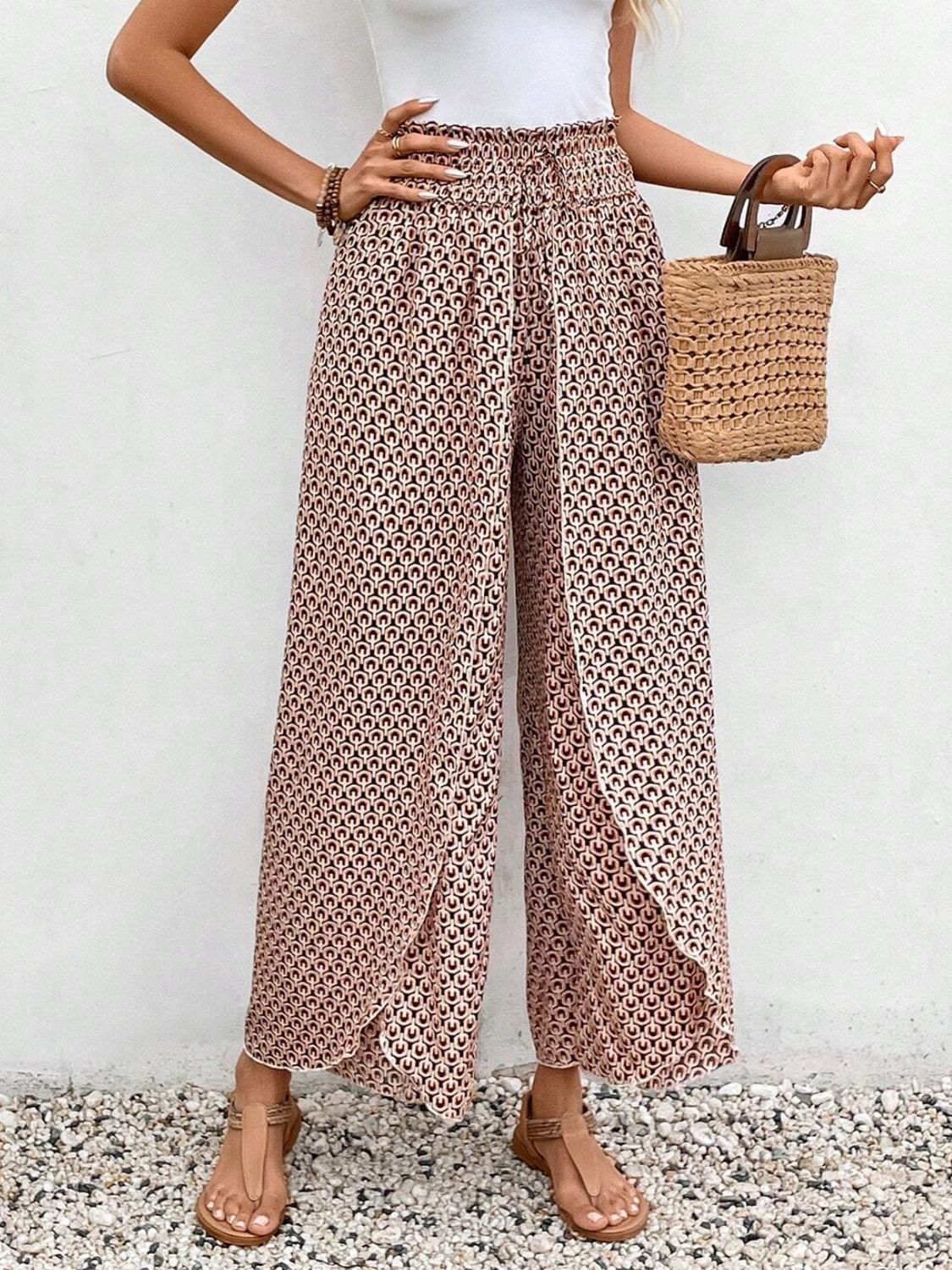 Tied Printed Wide Leg Pants - Horan Gardens