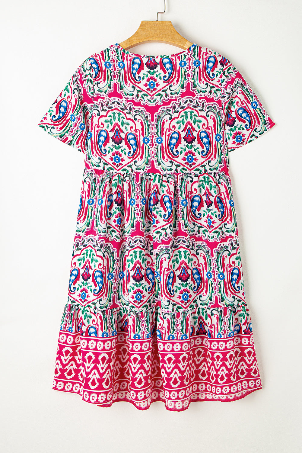 Saffron Breeze: Paisley Accent Tie Neck Ruffle Hem Short Dress