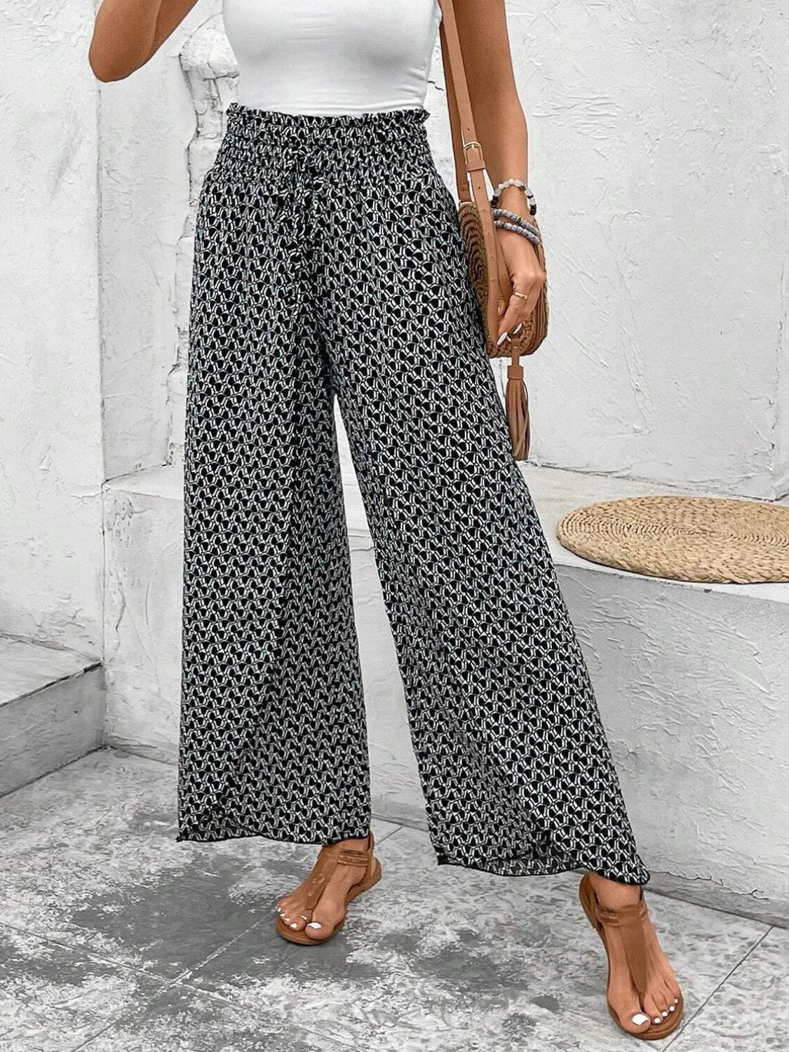 Tied Printed Wide Leg Pants - Horan Gardens