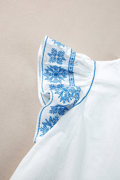 Sidi Bou Said Serenade | Embroidered Ruffled Sleeve Blouse